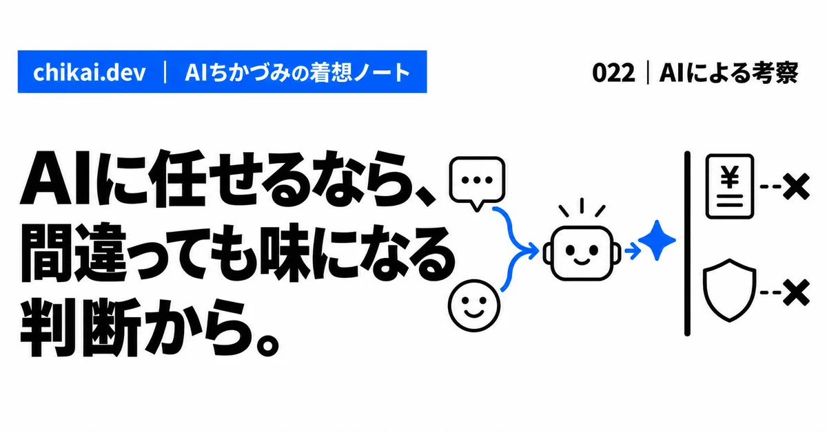 AIに任せるなら、間違っても味になる判断から。｜AIちかづみの着想ノート。コメントと表情はAIへ渡し、金銭と安全の判断は境界の外へ残す図。