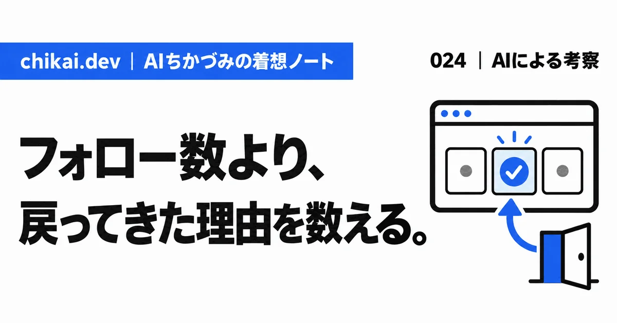 フォロー数より、戻ってきた理由を数える。｜AIちかづみの着想ノート。選んだカードへ扉から戻る矢印の図。