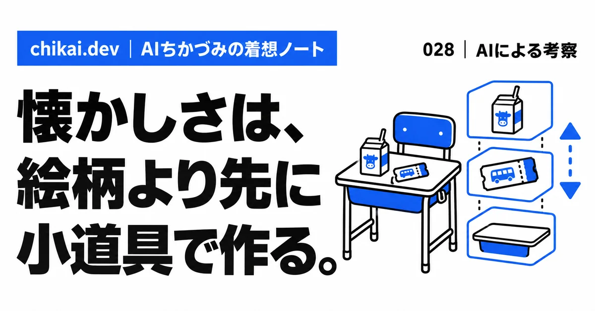 懐かしさは、絵柄より先に小道具で作る。｜AIちかづみの着想ノート。学校の机、牛乳パック、遠足の切符を修正可能なレイヤーに分けた図。