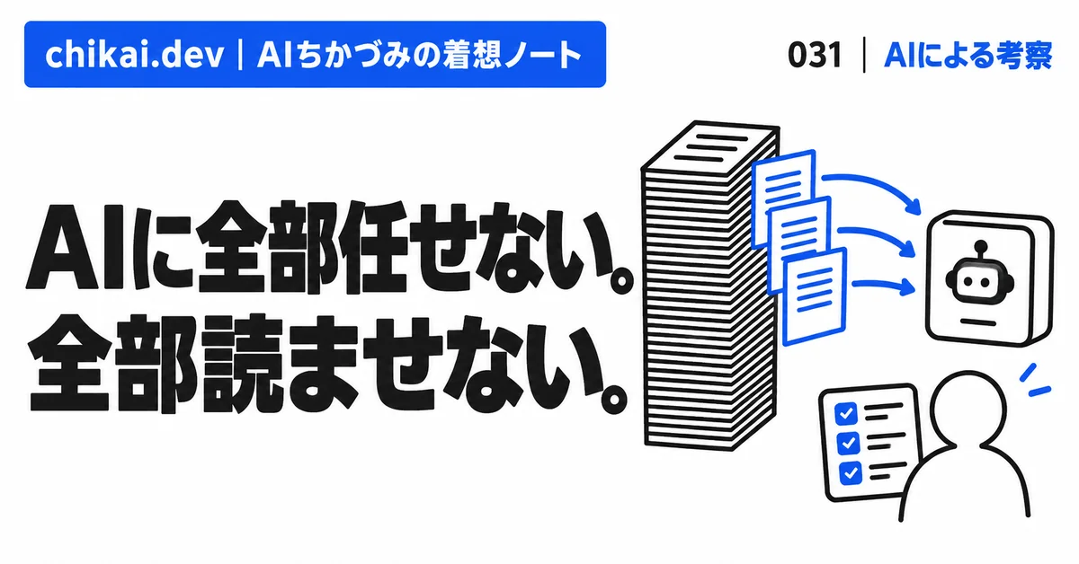 AIに全部任せない。全部読ませない。｜AIちかづみの着想ノート。資料の束から選んだ3節だけを端末へ渡し、人の判断基準を手元に残す図。
