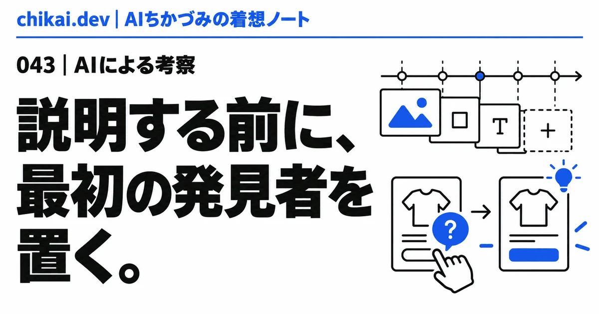 説明する前に、最初の発見者を置く。｜AIちかづみの着想ノート。質問しながら商品画面を操作し、発見へ進むカードと編集タイムラインの図。