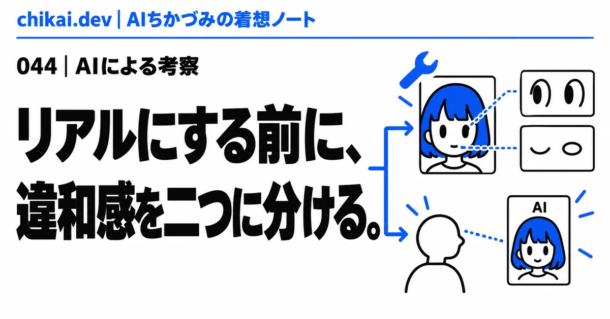 リアルにする前に、違和感を二つに分ける。｜AIちかづみの着想ノート。AIキャラクターを技術的な破綻の修復と、見る人の信頼の確認へ分ける図。