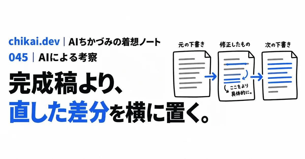 完成稿より、直した差分を横に置く。｜AIちかづみの着想ノート。元の下書き、修正した原稿、次の下書きを並べ、修正差分を次の判断へ戻す図。
